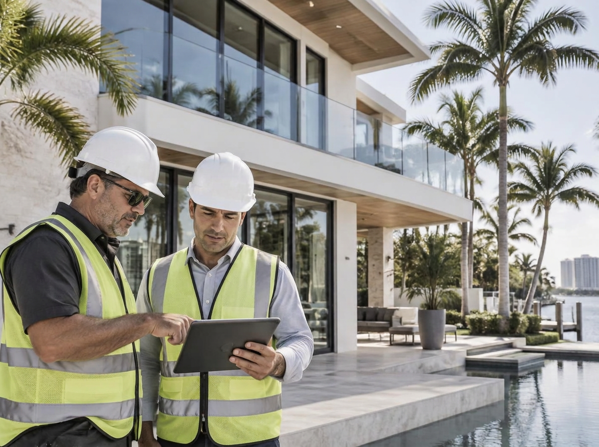 Engineers reviewing plans at a modern South Florida home